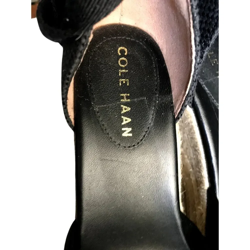 NWOT Cole Haan Wedge  Summer Sandals Size 8 Black Leather Sandlals Ankle Tie